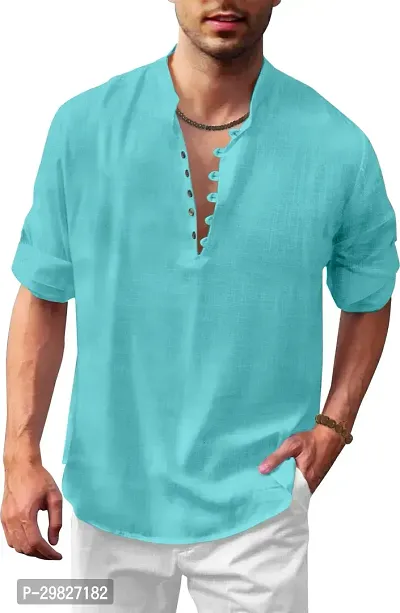 Reliable Turquoise Cotton Blend Solid Kurta For Men-thumb0