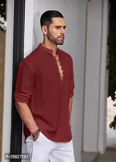 Reliable Maroon Cotton Blend Solid Kurta For Men-thumb4