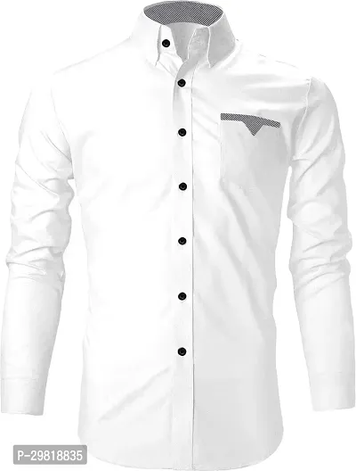 Stylish White Cotton Blend Solid Long Sleeves Casual Shirt For Men-thumb0