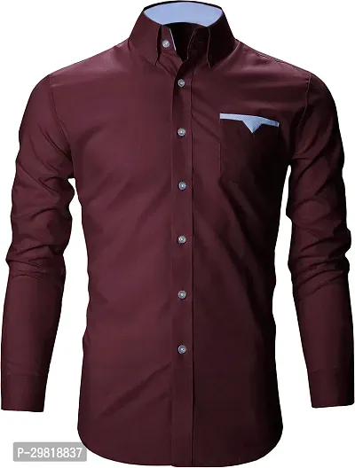 Stylish Maroon Cotton Blend Solid Long Sleeves Casual Shirt For Men-thumb0