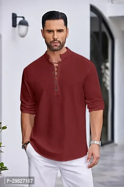 Reliable Maroon Cotton Blend Solid Kurta For Men-thumb3