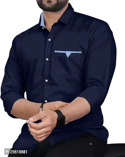 Stylish Dark Blue Cotton Blend Solid Long Sleeves Casual Shirt For Men