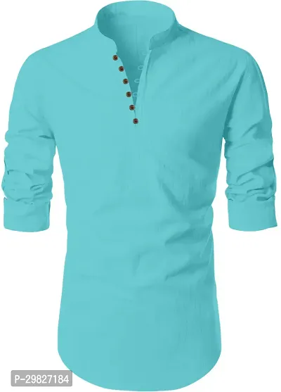 Reliable Turquoise Cotton Blend Solid Kurta For Men