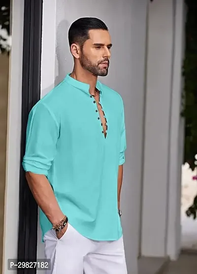 Reliable Turquoise Cotton Blend Solid Kurta For Men-thumb4