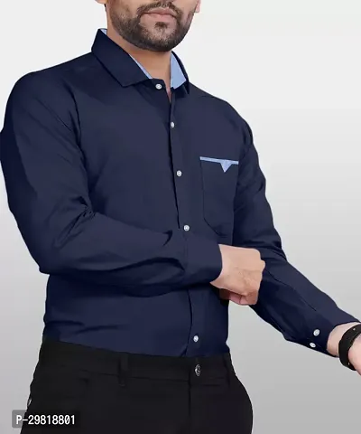 Stylish Dark Blue Cotton Blend Solid Long Sleeves Casual Shirt For Men-thumb3