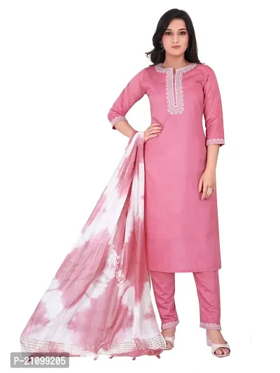 Stylish Chanderi Cotton Kurta, Bottom And Dupatta Set For Women-thumb0