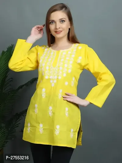 Stylish Yellow Chikankari Cotton Short Kurti For Women-thumb0