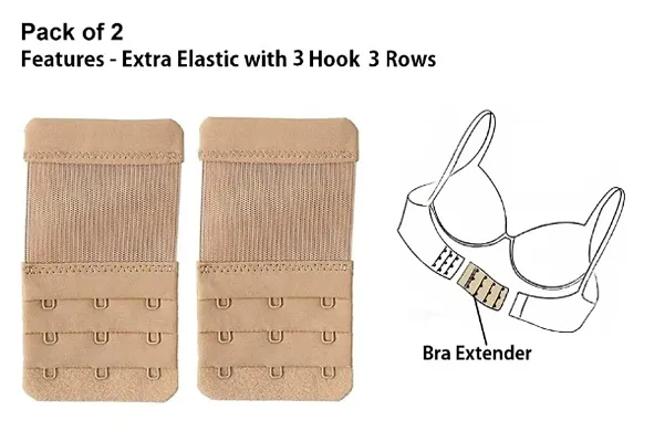 Fine Womens Polyester Bra Hook Extender 3 Hook 3 Eye Rows with Extra Elastic (Free Size) ndash; Pack 2