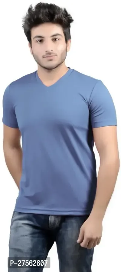 Stylish Blue Polyester V Neck Tees For Men-thumb0