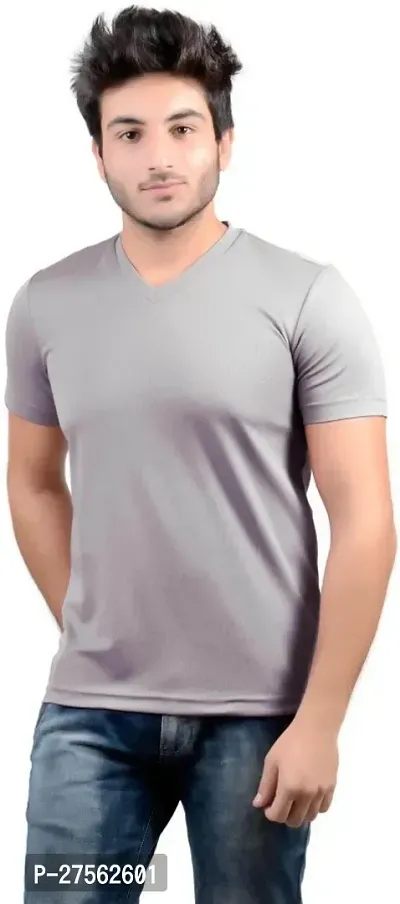 Stylish Grey Polyester V Neck Tees For Men-thumb0