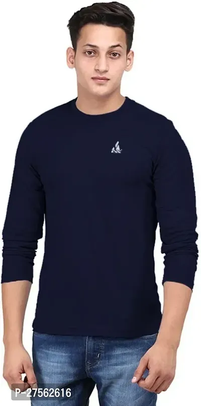 Stylish Navy Blue Polyester Round Neck Tees For Men