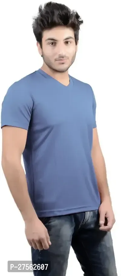 Stylish Blue Polyester V Neck Tees For Men-thumb3