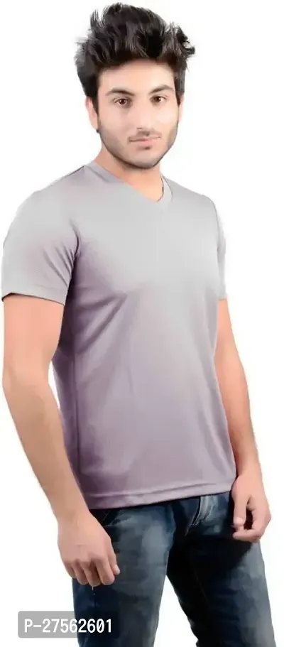 Stylish Grey Polyester V Neck Tees For Men-thumb2