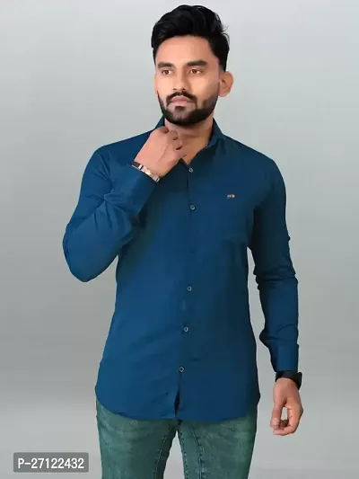 Stylish Blue Cotton Blend Solid Long Sleeves Casual Shirts For Men