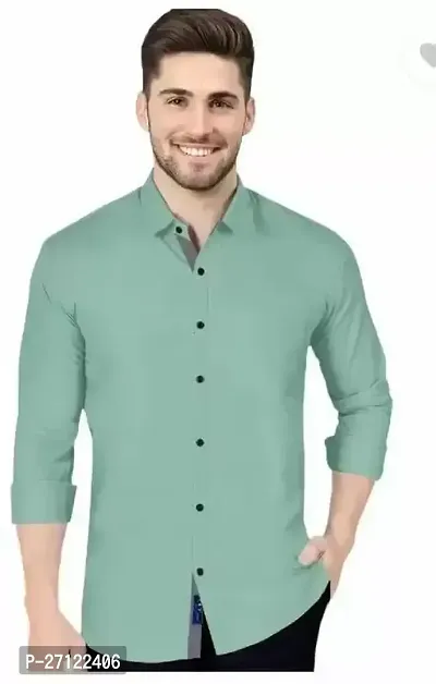 Stylish Green Cotton Blend Solid Long Sleeves Casual Shirts For Men-thumb0