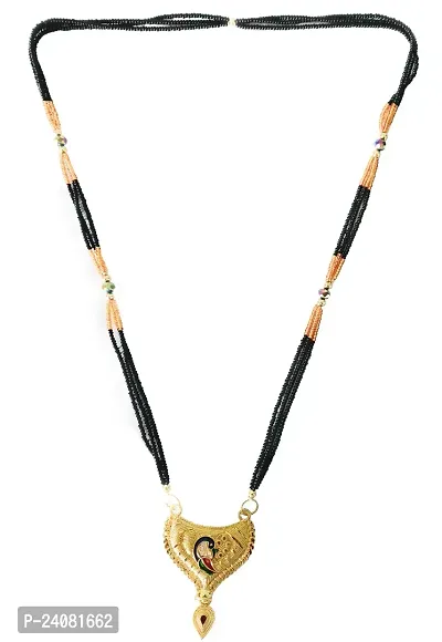 Gold Plated Mangalsutra Women's Pride Dailywear Golden Antique Design Peacock Pendant Mangalsutra for Women Black Beads Triple Line Layer Long Mangalsutra Necklace-thumb0