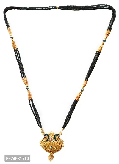 Gold Plated Mangalsutra Women's Pride Dailywear Golden Antique Design Peacock Pendant Mangalsutra for Women Black Beads Triple Line Layer Long Mangalsutra Necklace-thumb0