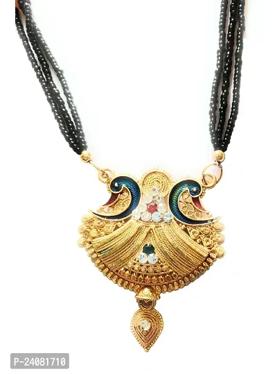 Gold Plated Mangalsutra Women's Pride Dailywear Golden Antique Design Peacock Pendant Mangalsutra for Women Black Beads Triple Line Layer Long Mangalsutra Necklace-thumb3