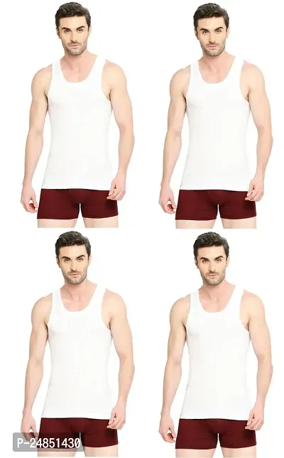 Stylish White Cotton Solid Basic Vests For Men Pack Of 4 Combo