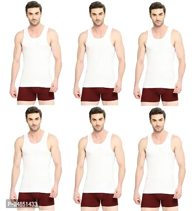 Stylish White Cotton Solid Basic Vests For Men Pack Of 6 Combo
