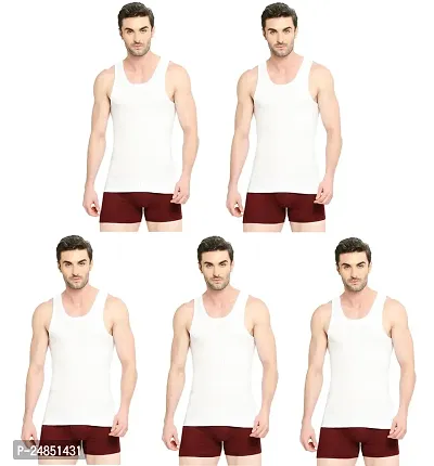 Stylish White Cotton Solid Basic Vests For Men Pack Of 5 Combo