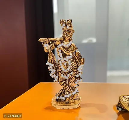 Adhvik HHRI0314 Krishna/kahna Standing with Flute White Stone Idol (St-562) Golden Color Metal God Stand for Home Dcor/car Dashboard/mandir Pooja Murti/temple Puja/office Table Showpiece