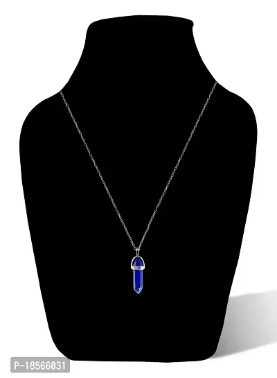 Adhvik Blue Glass Healing Crystal Hexagonal Point Prism Pencil Shape Locket Pendant Necklace With Clavicle Chain For Girl's  Women-thumb2