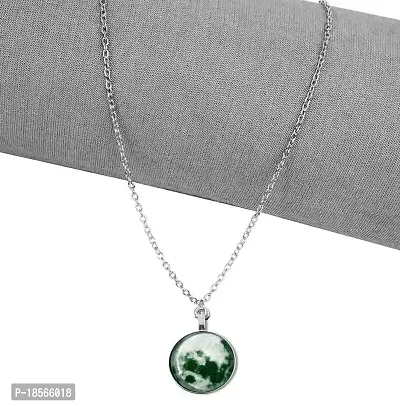 Adhvik (Pack Of 2 Pcs) Stainless Steel Romantic Glow in the Dark Rising Jungle Green Moon Handmade Crystal Glass Dome Lunar Eclipse Alloy Luminous Pendant Locket Necklace With Chain-thumb2