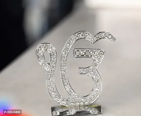 Adhvik Metal Sikh/punjabi Ek Onkar Rhinestone Symbol Idol for Gifting, Home and Office Table, and Car Dashboard Decor Showpiece Small Size ( 6 X 5.5 Cm)Silver Color Pack of 1
