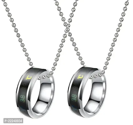 Adhvik (Set Of 2 Pcs) Silver  Black Stainless Steel Unisex Funky Intelligent Smart Sensing Temperature Monitor Degree Celsius Display Changing Band Thumb Finger/Knuckle Ring Locket Pendant Necklace