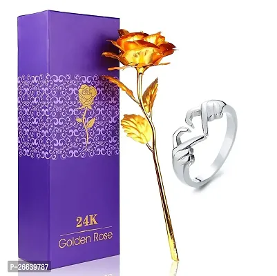Adhvik HX000293-01 Combo of Artificial Yellow Rose Flower with Silver Heart/dil Ring Valentine Gift for Girlfriend, Boyfriend, Husband and Wife Special Gift Pack