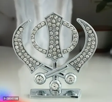 Adhvik Metal Sikh/punjabi Symbol Khanda Sahib Rhinestone Symbol Idol for Gifting, Home and Office Table, and Car Dashboard Decor Showpiece Small Size ( 6 X 6 Cm) Silver Color Pack of 1