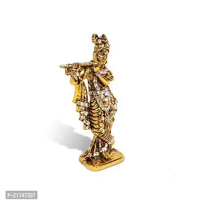 Adhvik HHRI0314 Krishna/kahna Standing with Flute White Stone Idol (St-562) Golden Color Metal God Stand for Home Dcor/car Dashboard/mandir Pooja Murti/temple Puja/office Table Showpiece-thumb3