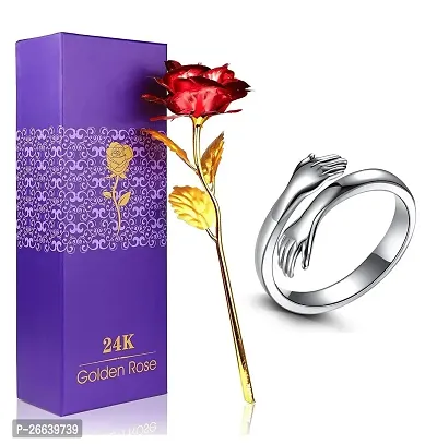 Adhvik HX000289 Combo of Artificial Red Rose Flower with Silver Hug Ring Valentine Gift for Girlfriend, Boyfriend, Husband and Wife Special Gift Pack