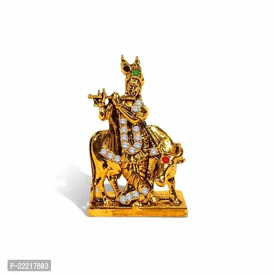 Adhvik Standing Kahna/krishna with Cow Idol (Mini St/611 Anmol Cow Krishna) Golden Antique Metal God Stand for Home Deacute;cor/car Dashboard/mandir Pooja Murti/temple Puja/office Table Showpiece-thumb5