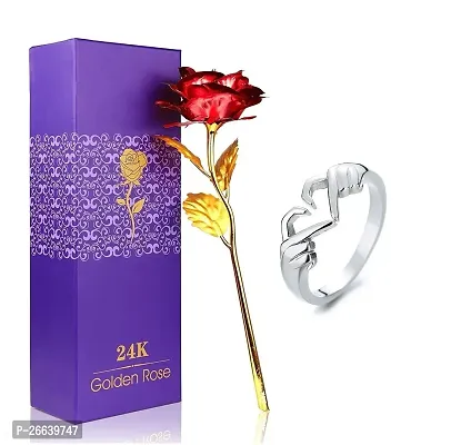 Adhvik HX000293 Combo of Artificial Red Rose Flower with Silver Heart/dil Ring Valentine Gift for Girlfriend, Boyfriend, Husband and Wife Special Gift Pack
