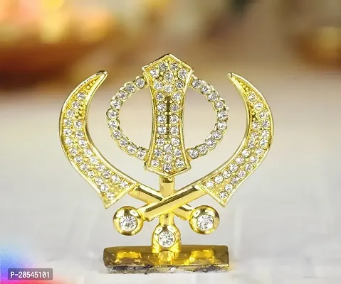 Adhvik Metal Sikh/punjabi Symbol Khanda Sahib Rhinestone Symbol Idol for Gifting, Home and Office Table, and Car Dashboard Decor Showpiece Small Size ( 6 X 6 Cm) Golden Color Pack of 1