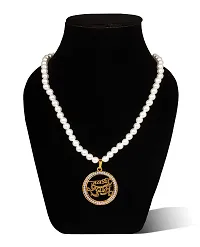 Adhvik (Pack Of 2 Pcs)  Metal Big Size Round Shape Diamond Nug Engraved/Studed Jai Shri Khatu Shyam Locket Pendant Necklace With White Pearl Beads Moti Mala-thumb3