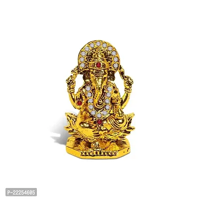 Adhvik Vighnaharta/ganpati/bappa Sitting on Lotus Flower Idol( Mini Ganesha St/603) White Stone Golden Antique Metal God Stand for Home Deacute;cor/car Dashboard/temple Puja/office Table Showpiece