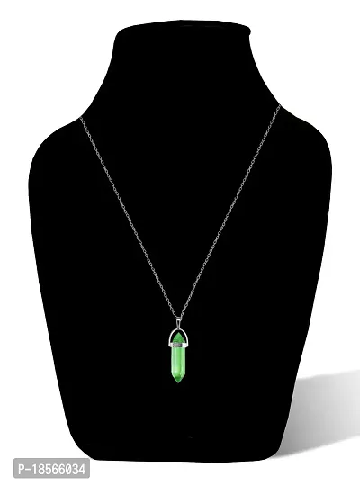 Adhvik Green Glass Healing Crystal Hexagonal Point Prism Pencil Shape Locket Pendant Necklace With Clavicle Chain For Girl's  Women-thumb4