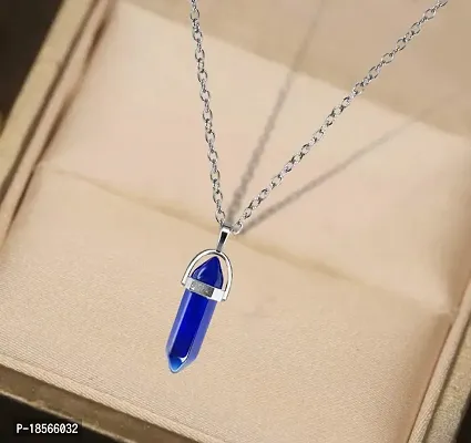 Adhvik Blue Crystal Glass Healing Hexagonal Prism Point Pencil Shape Pendant Locket Necklace With Clavicle Chain For Women  Girl's-thumb3