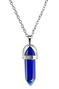 Adhvik Blue Glass Healing Crystal Hexagonal Point Prism Pencil Shape Locket Pendant Necklace With Clavicle Chain For Girl's  Women-thumb2