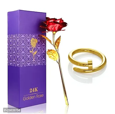 Adhvik HX000296 Combo of Artificial Red Rose Flower with Golden Nail Design Ring Valentine Gift for Girlfriend, Boyfriend, Husband and Wife Special Gift Pack