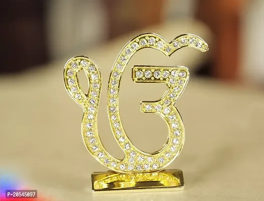 Adhvik Metal Sikh/punjabi Ek Onkar Rhinestone Symbol Idol for Gifting, Home and Office Table, and Car Dashboard Decor Showpiece Small Size ( 6 X 5.5 Cm)Golden Color Pack of 1