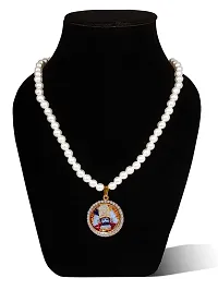 Adhvik JAR0545-03 Unisex Round Shape Stainless Steel Diamond Nug Engraved/Studded Hindu God Lord Jai Shri Baba Khatu Shyam/Barbarika Ji Locket Pendant Necklace With White Pearl Beads/Moti Mala-thumb3