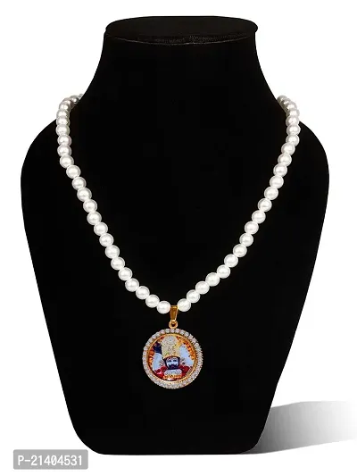 Adhvik JAR0545-03 Unisex Round Shape Stainless Steel Diamond Nug Engraved/Studded Hindu God Lord Jai Shri Baba Khatu Shyam/Barbarika Ji Locket Pendant Necklace With White Pearl Beads/Moti Mala-thumb4