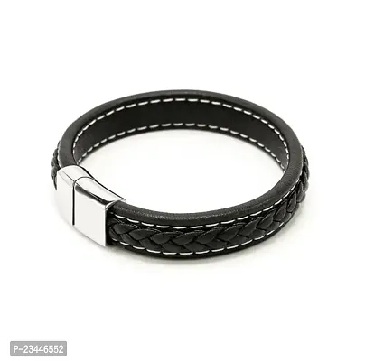 Adhvik Unisex Black  Silver Casual Style Daily Use Braided Leatherette Rope Cutting Wraps Strap Ponytail Design Sports Stainless Steel Friendship Wrist Gym Band Bangle Bracelet With Buckle Lock-thumb2