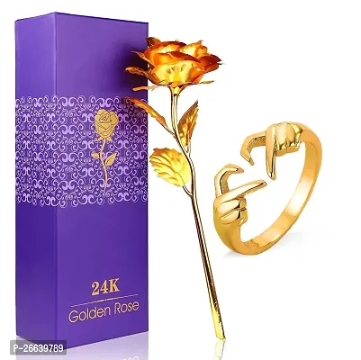 Adhvik HX000294-01 Combo of Artificial Yellow Rose Flower with Golden Heart/dil Ring Valentine Gift for Girlfriend, Boyfriend, Husband and Wife Special Gift Pack