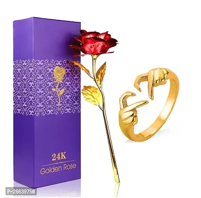 Adhvik HX000294 Combo of Artificial Red Rose Flower with Golden Heart/dil Ring Valentine Gift for Girlfriend, Boyfriend, Husband and Wife Special Gift Pack