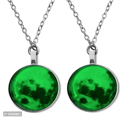 Adhvik (Pack Of 2 Pcs) Stainless Steel Romantic Glow in the Dark Rising Green Moon Handmade Crystal Glass Dome Lunar Eclipse Alloy Luminous Pendant Locket Necklace With Chain